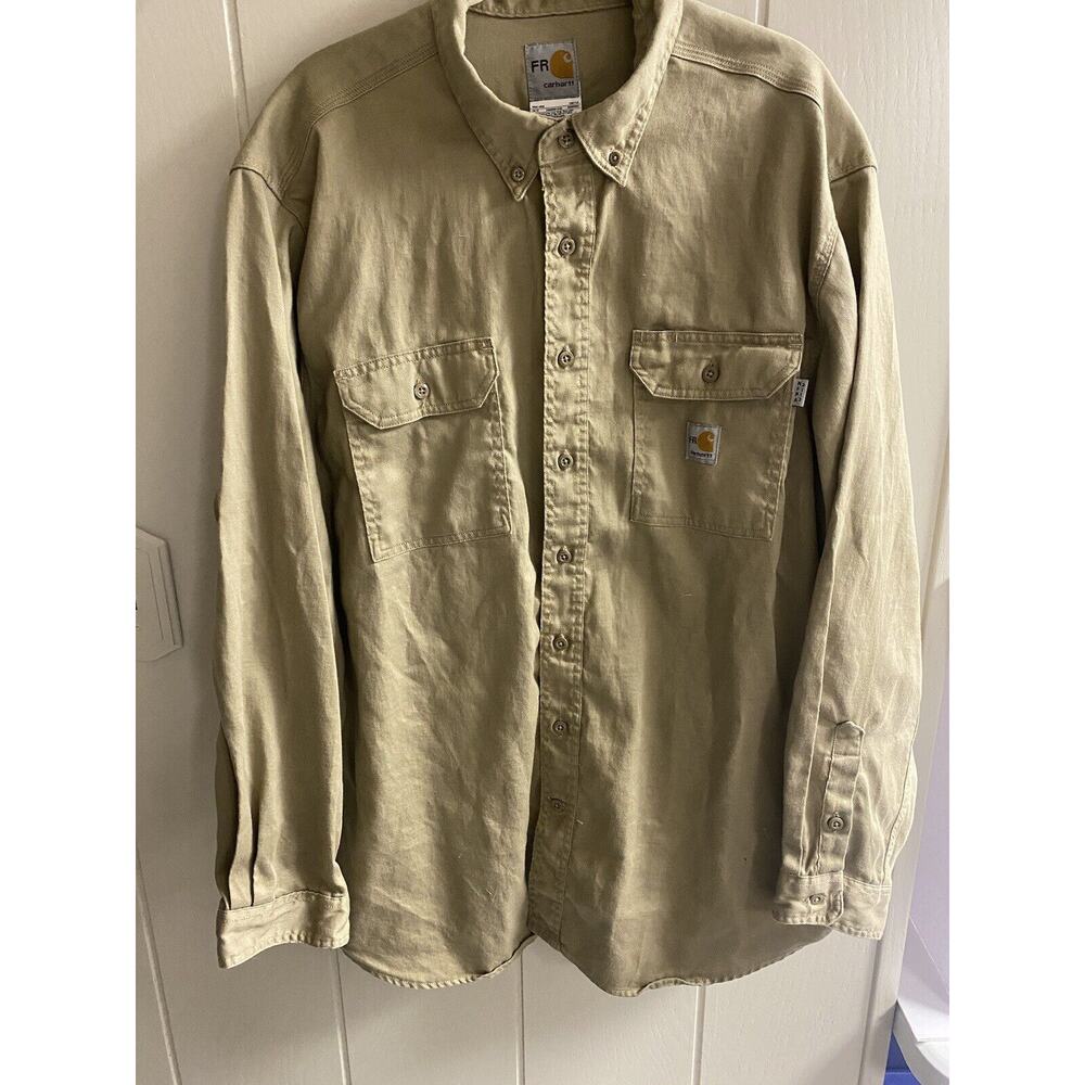 Carhartt Shirt Mens 2XL Khaki Beige Tan FR Flame Resistant Button Up Work - Read